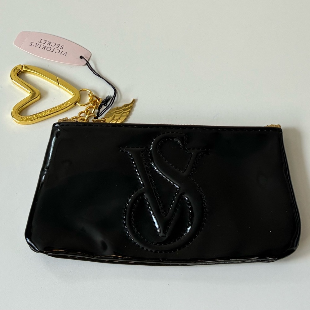 NWT faux patent leather Victoria's Secret Glossy Black Wristlet Gold Accents